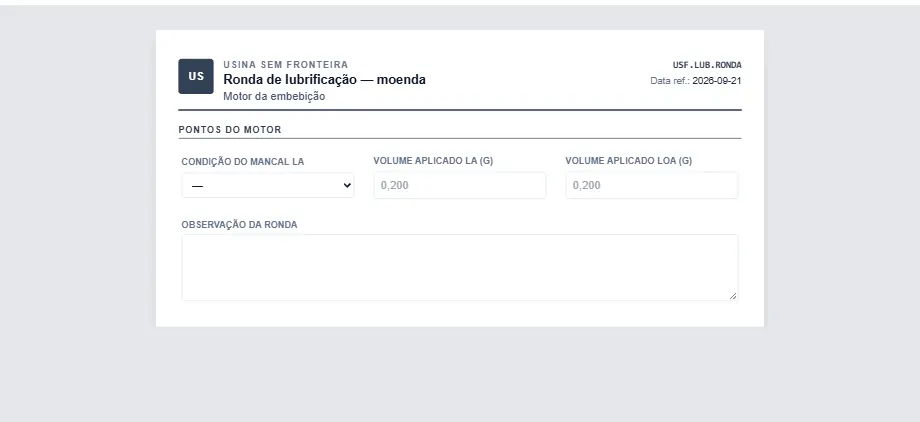 Formulário de ronda de lubrificação da moenda