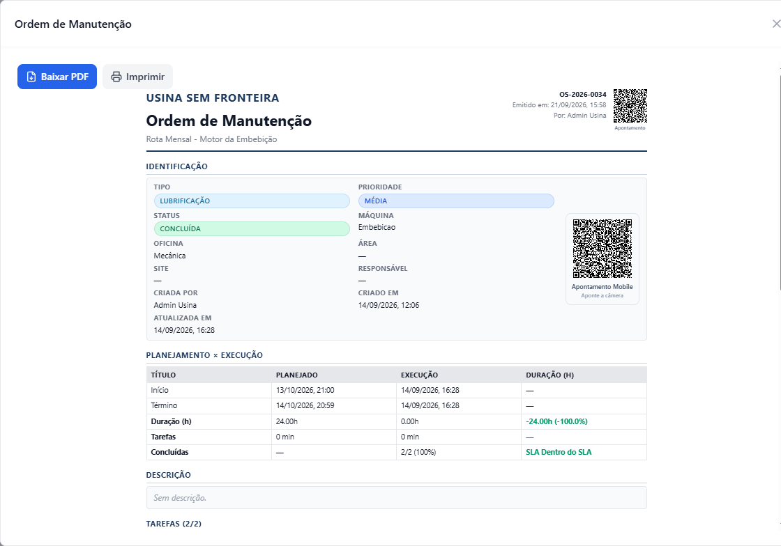 Lubrication work order print with QR Code