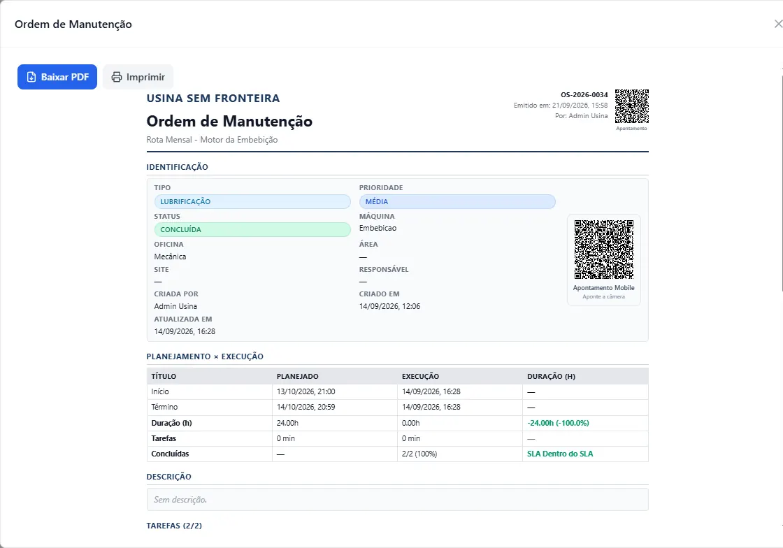 Impressão da ordem de lubrificação com QR Code
